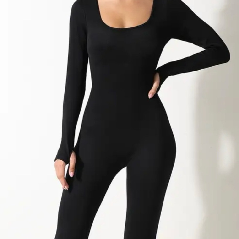 Black Ribbed‎ Jumpsuit Unitard Square Neck Thumb holes